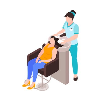 Isometric beauty salon icon with female hairdresser washing womans hair 3d vector illustration