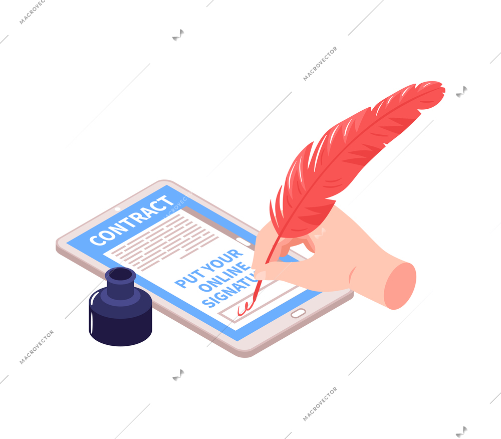 Biometric identification icon with human hand putting online signature on electronic device 3d isometric vector illustration