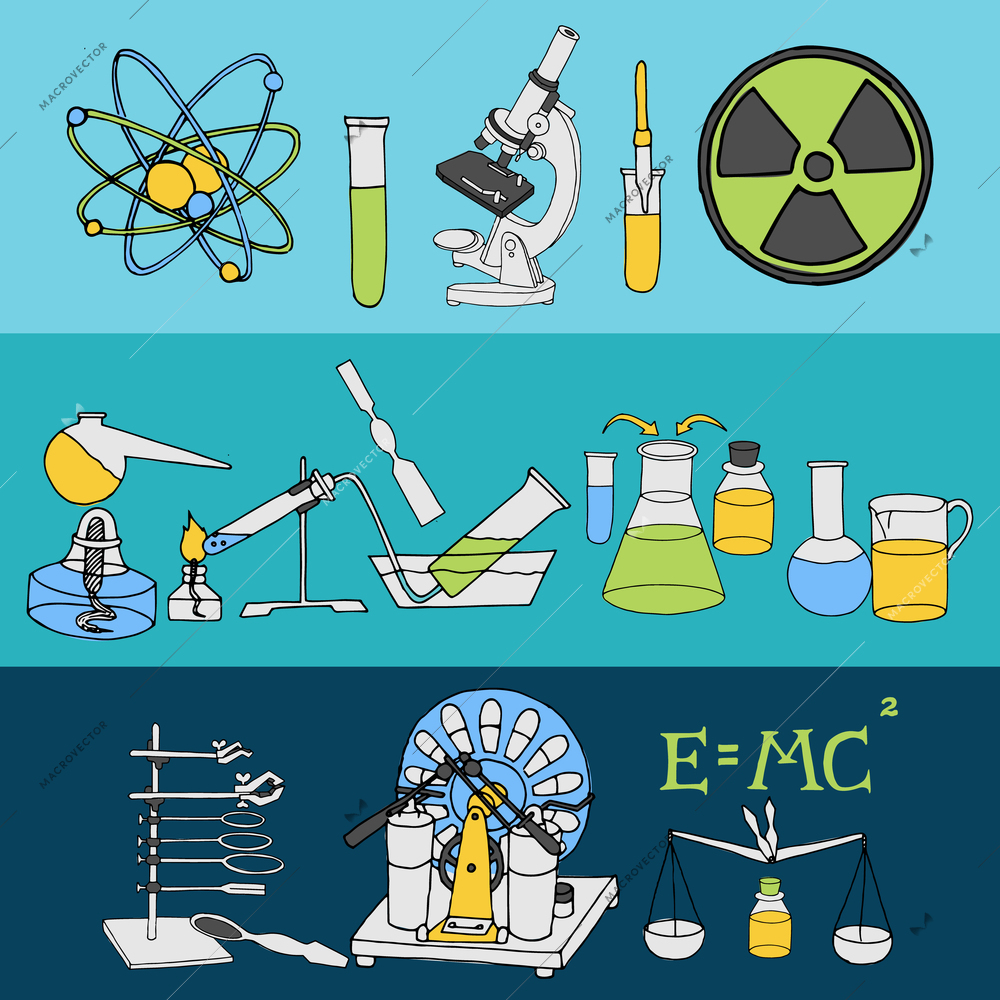 Science chemistry and physics scientific laboratory equipment colored sketch banner set isolated vector illustration