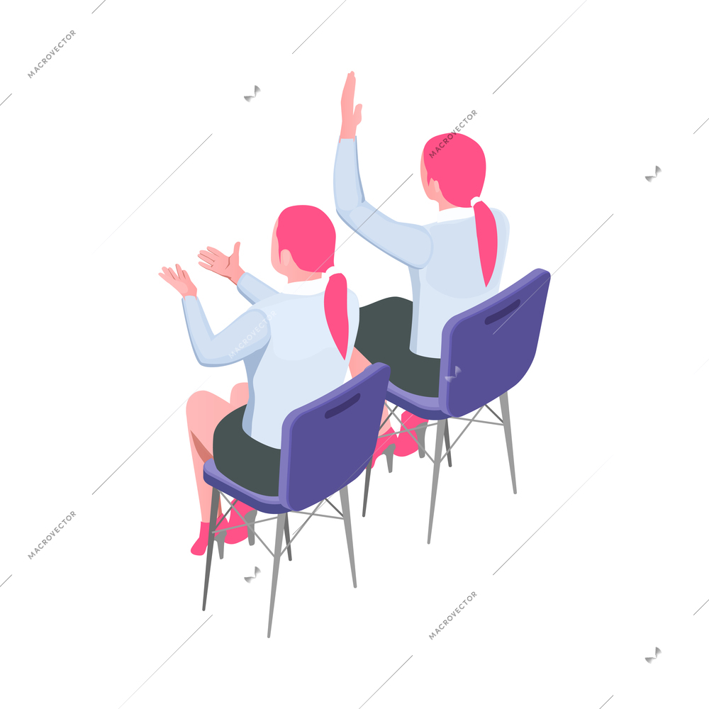 Recruiting isometric icon with two female job candidates answering questions during job interview back view vector illustration