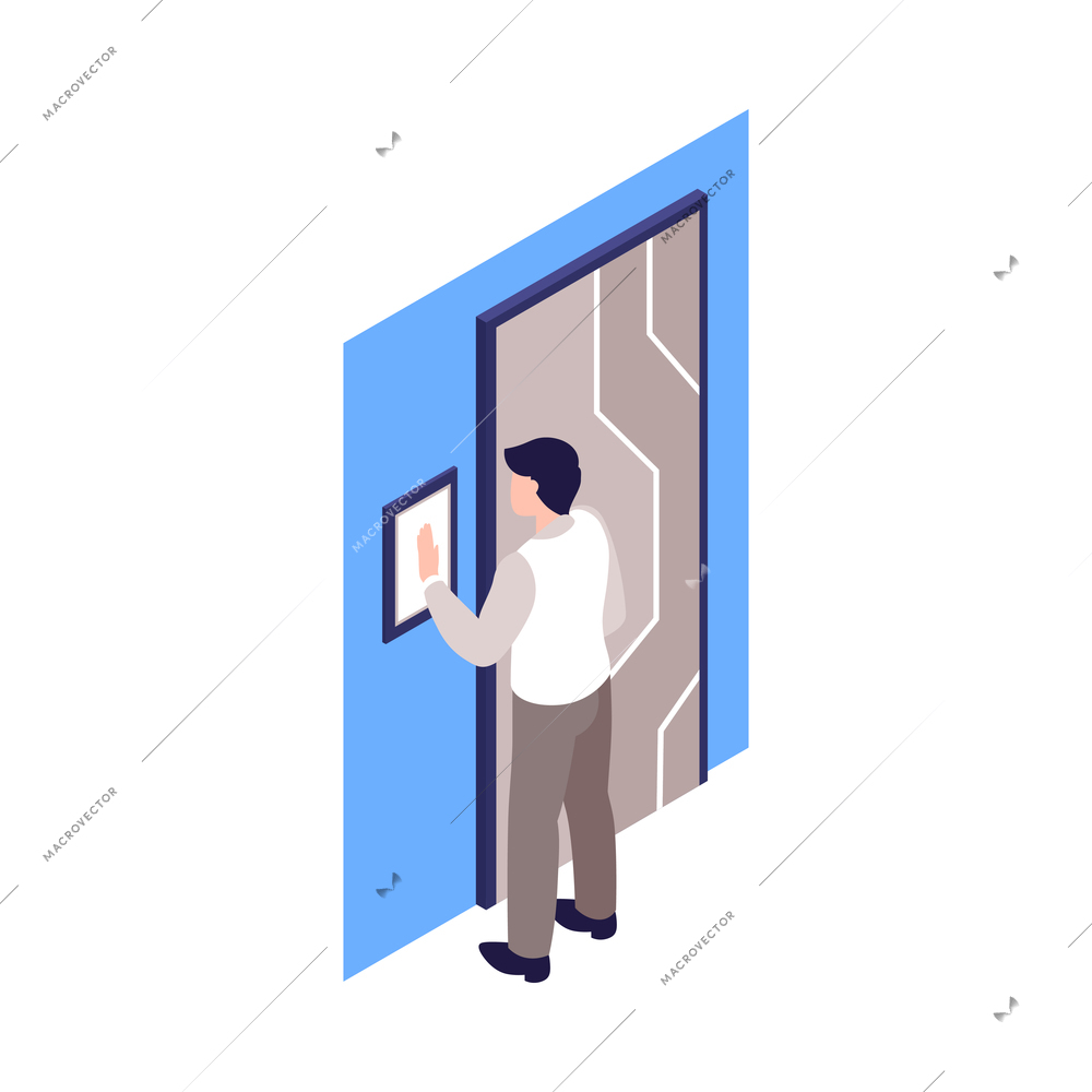 Isometric biometric identification icon with man scanning his hand 3d vector illustration