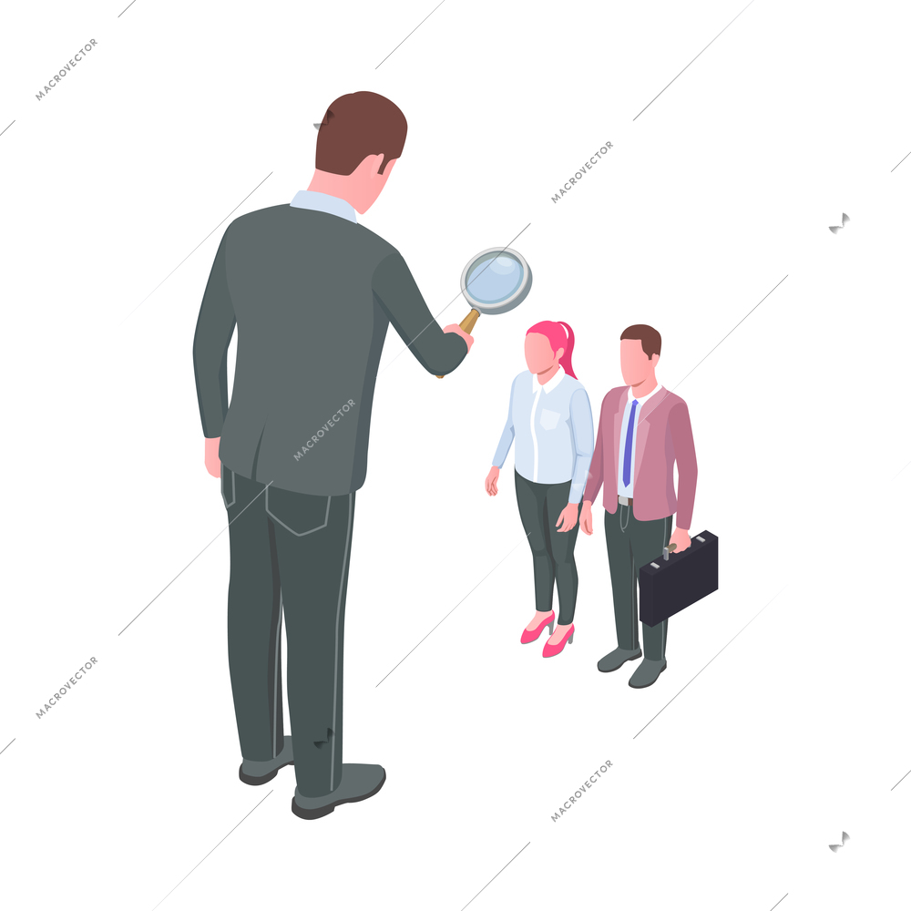Recruiting isometric icon with recruiter looking at job candidates through magnifier 3d vector illustration