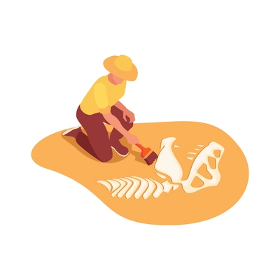 Archeology paleontology isometric icon with scientist excavating dinosaur skeleton 3d vector illustration