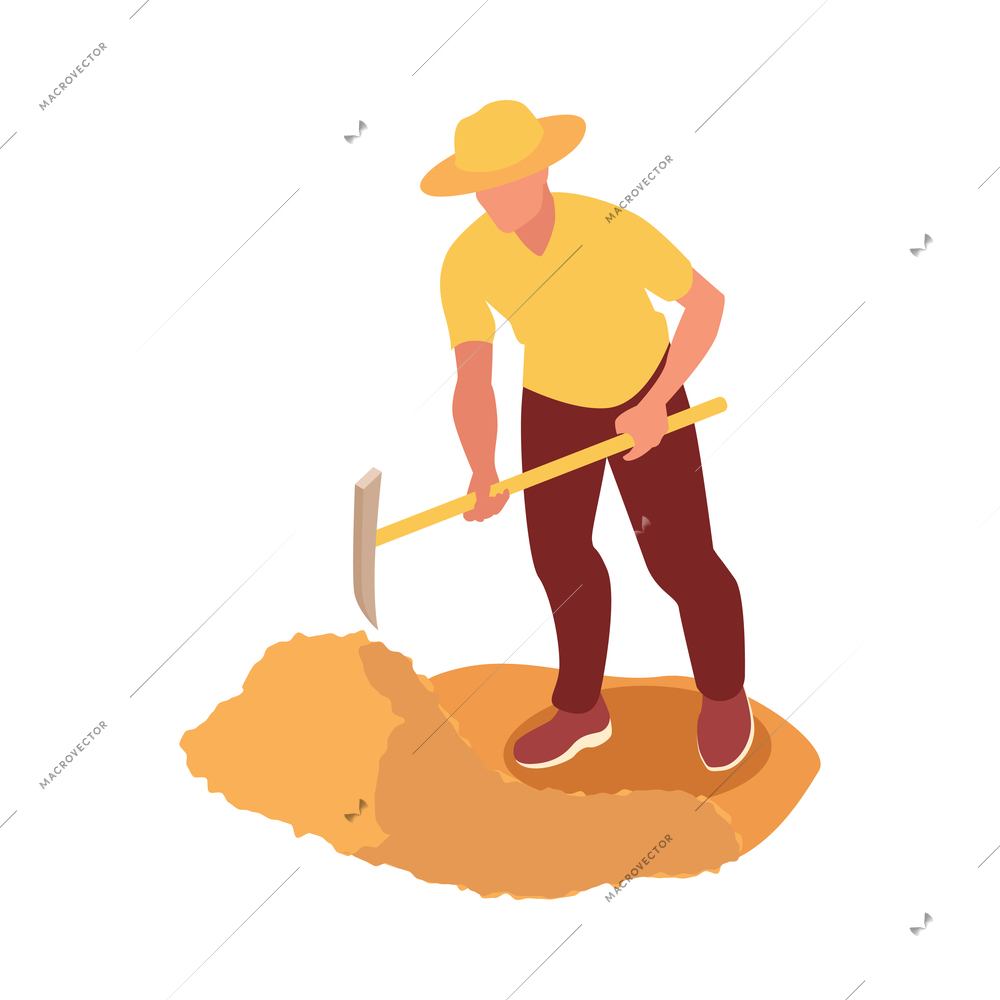 Archeologist working with mattock isometric icon vector illustration