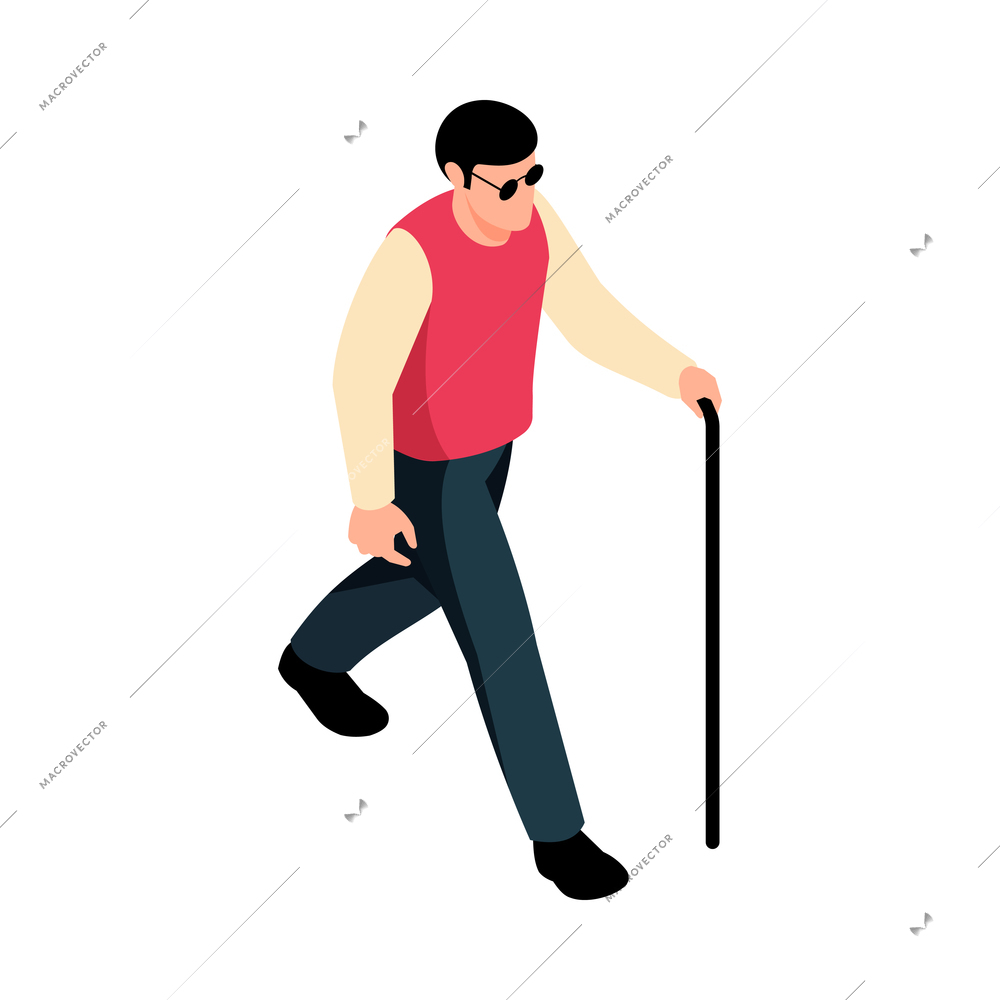 Isometric character of blind man with walking stick on white background 3d vector illustration