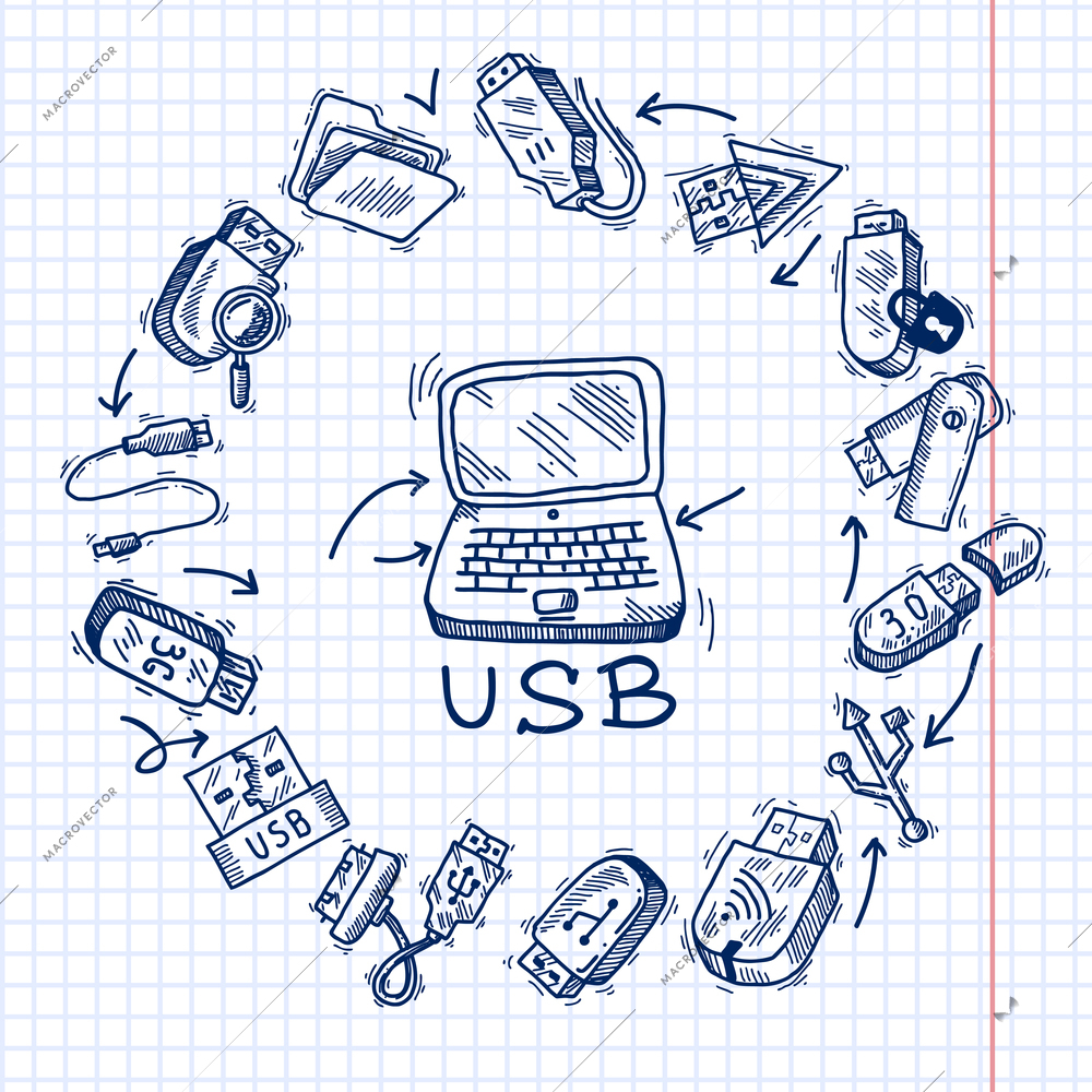 Usb and computer sketch decorative icons set on squared paper background vector illustration