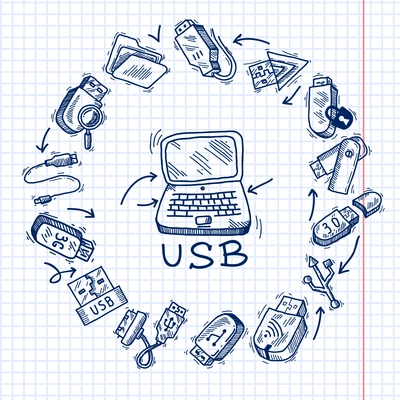 Usb and computer sketch decorative icons set on squared paper background vector illustration