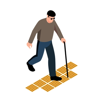 Blind man walking along street with tactile paving isometric vector illustration