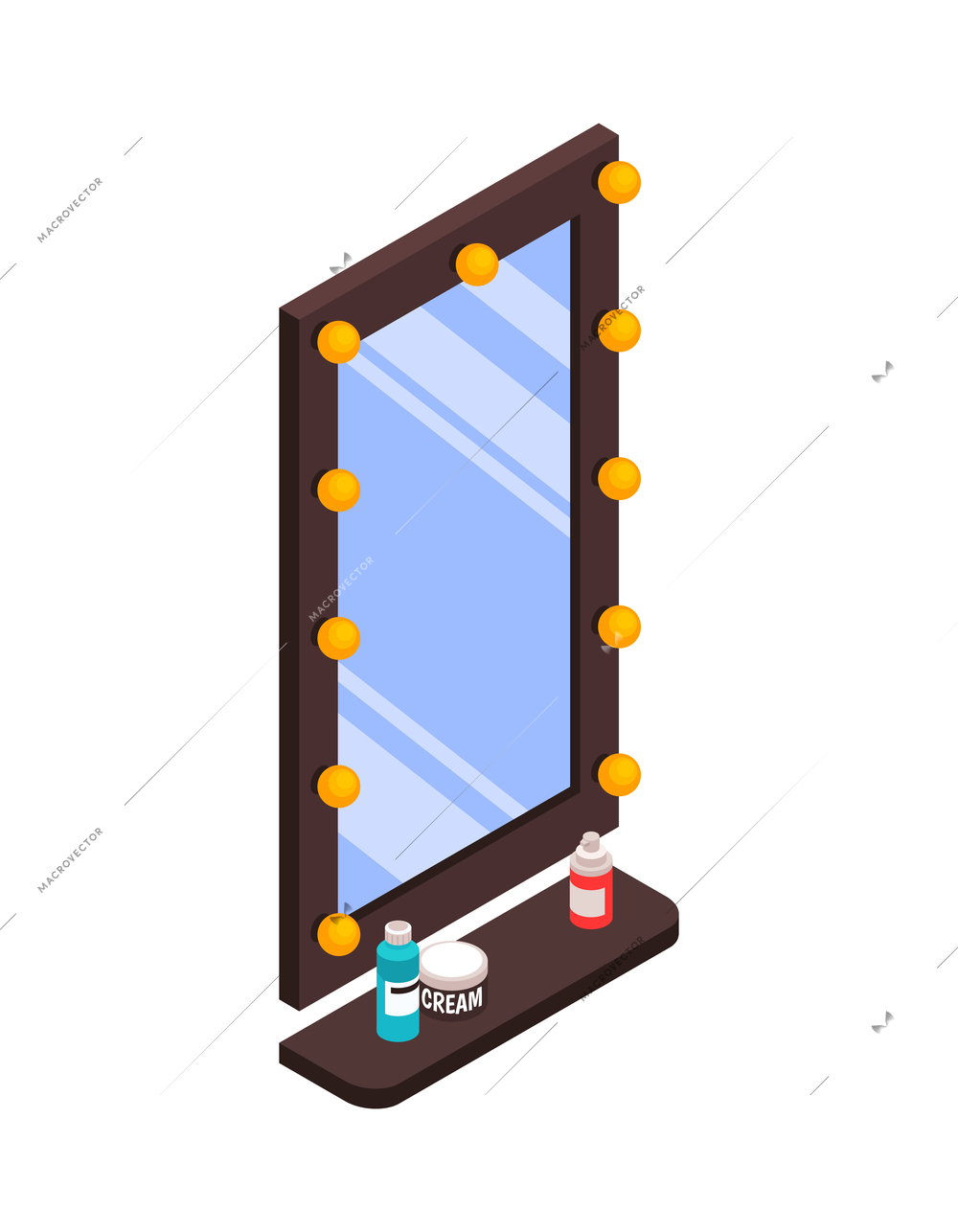 Isometric makeup mirror with lights and shelf for beauty salon interior 3d icon vector illustration