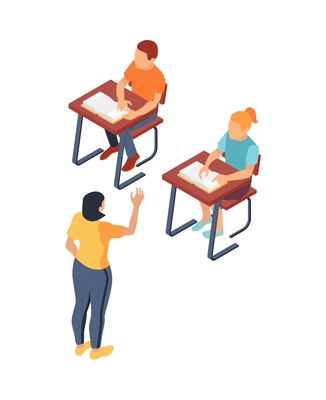 Isometric school classroom with teacher and two students sitting at desks isolated vector illustration