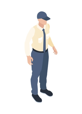 Isometric character of faceless man wearing tie and cap 3d vector illustration