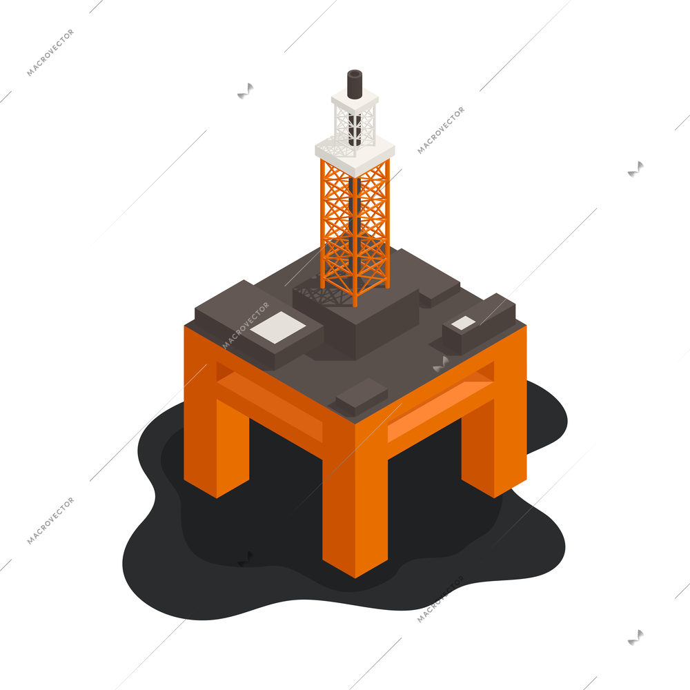 Isometric icon with oil derrick causing ocean pollution 3d vector illustration