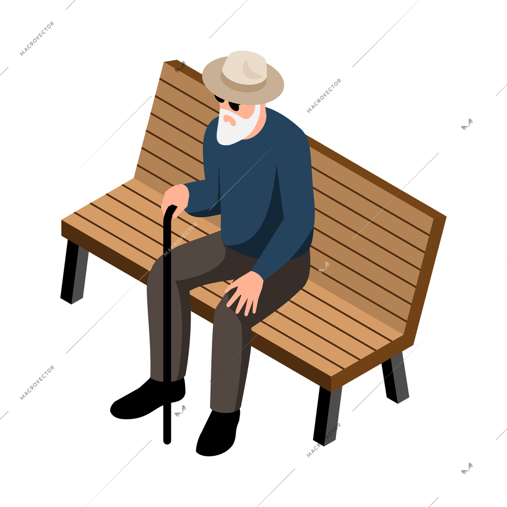 Blind elderly man with walking stick sitting on bench isometric vector illustration