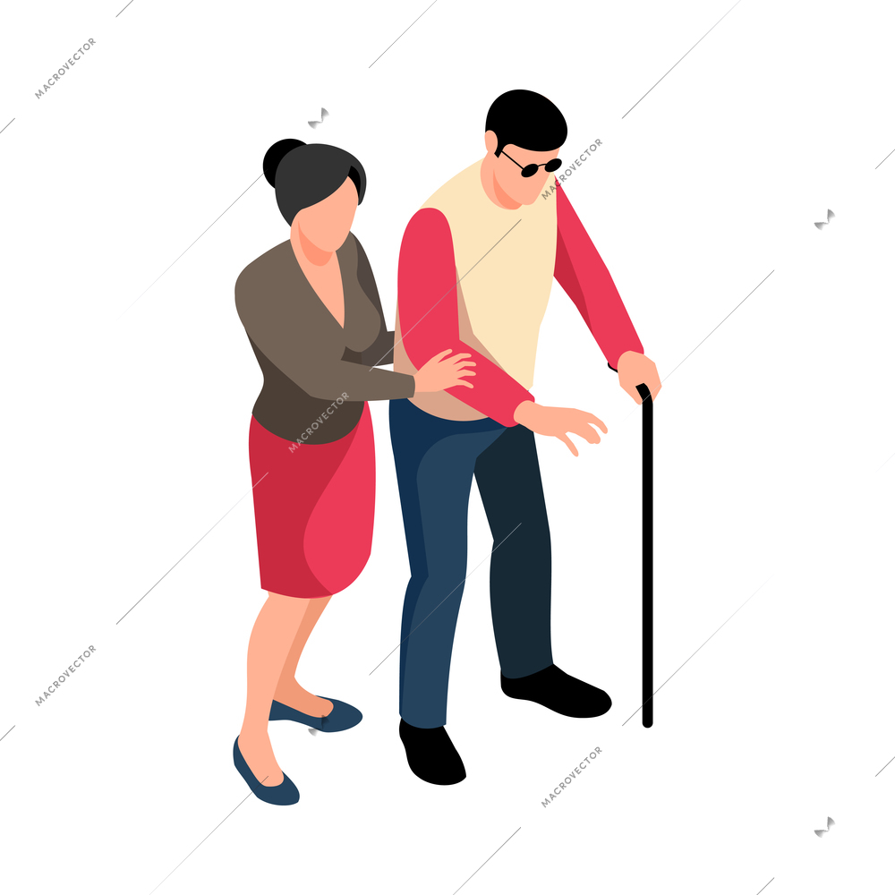 Woman helping blind man with walking stick 3d isometric vector illustration