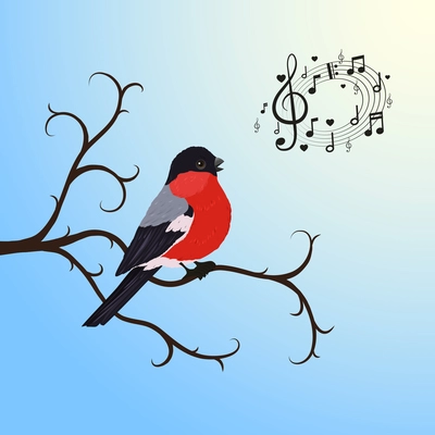 Singing bullfinch bird on a tree branch vector illustration