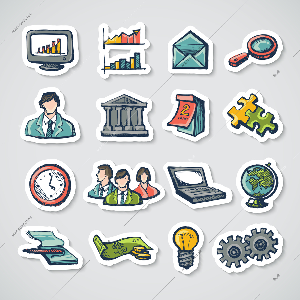 Business stickers set with charts globe computer puzzle isolated vector illustration