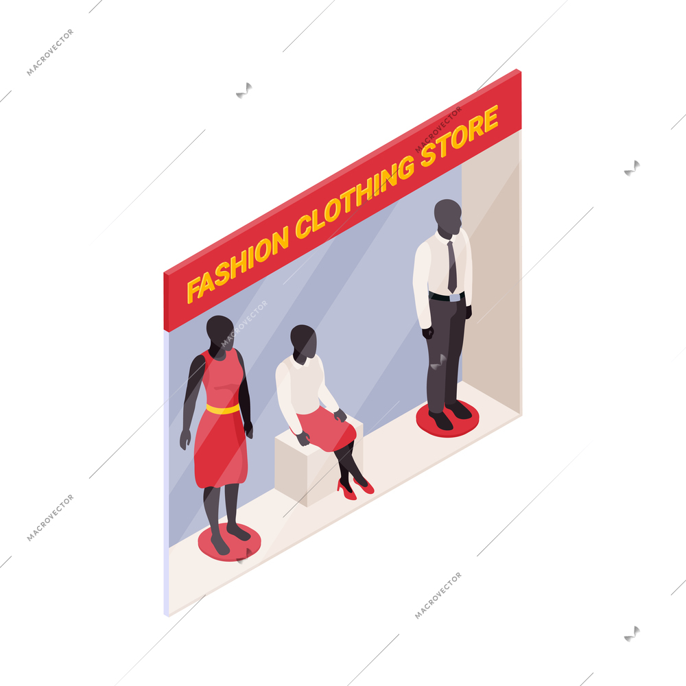 Clothing store window with three mannequins isometric icon 3d vector illustration