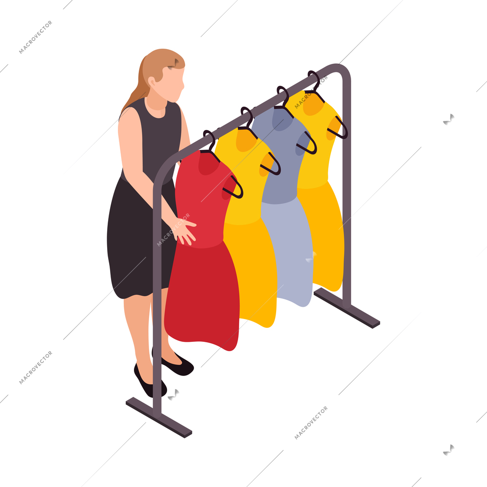 Woman choosing dress at clothing store 3d isometric vector illustration