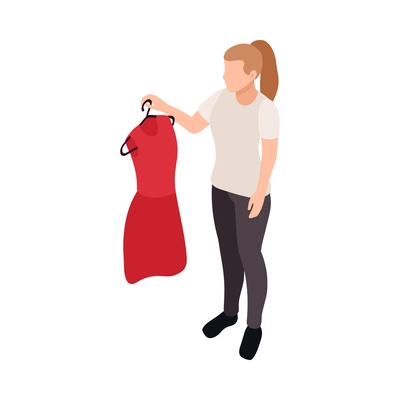Young woman holding hanger with red summer dress at clothes shop isometric vector illustration