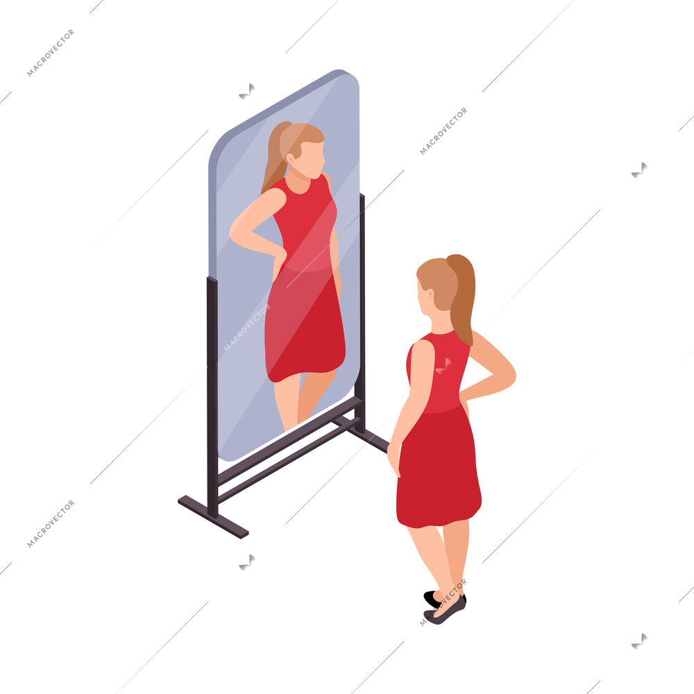 Young woman trying on red dress in front of mirror at clothing store 3d isometric vector illustration