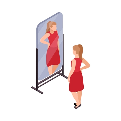 Young woman trying on red dress in front of mirror at clothing store 3d isometric vector illustration