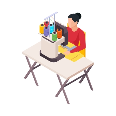 Isometric icon with seamstress using sewing machine 3d vector illustration