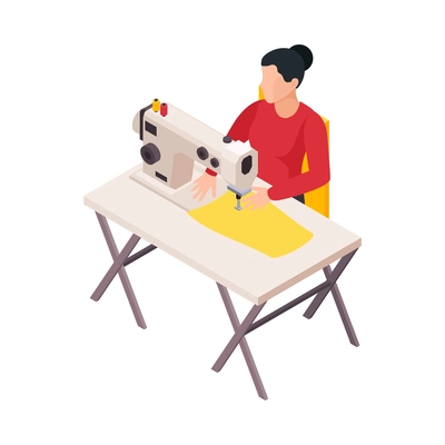 Isometric icon with factory worker using sewing machine 3d vector illustration