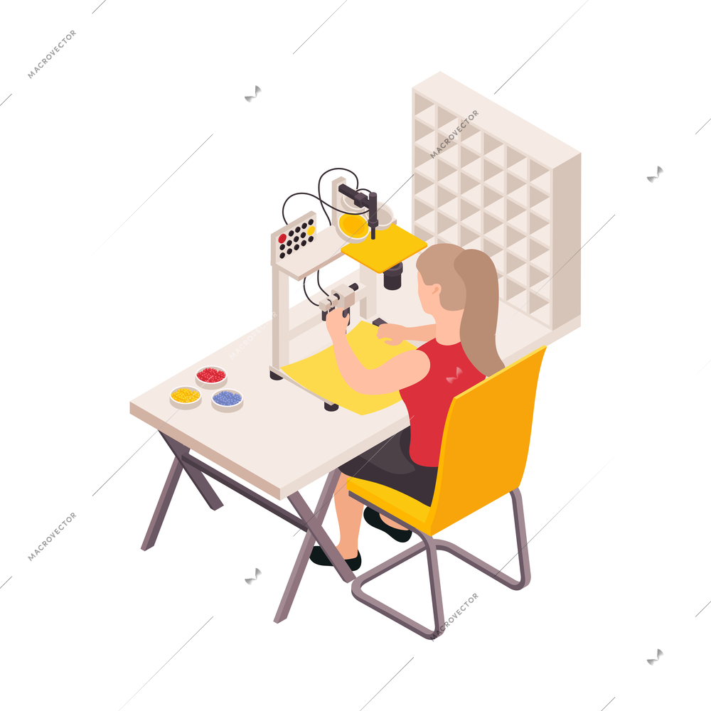 Isometric sewing factory icon with seamstress at her work place 3d vector illustration