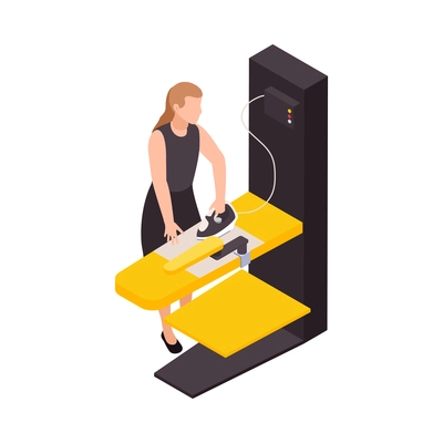 Isometric sewing factory icon with worker ironing textile 3d vector illustration