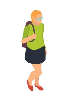 Isometric character of school girl with bag and glasses 3d vector illustration