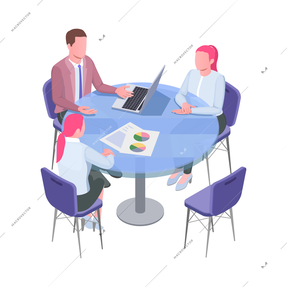 Isometric recruiting icon with male recruiter communicating with two job candidates at round office table 3d vector illustration