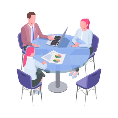 Isometric recruiting icon with male recruiter communicating with two job candidates at round office table 3d vector illustration