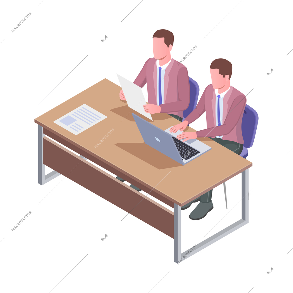 Recruiting isometric icon with two male recruiters sitting at office table ready for job interview with candidates 3d vector illustration