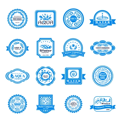 Water company aqua mineral emblems blue wave set isolated vector illustration