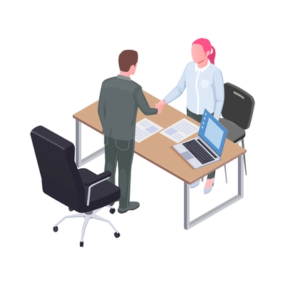 Recruiting isometric icon with male recruiter handshaking with female job candidate 3d vector illustration