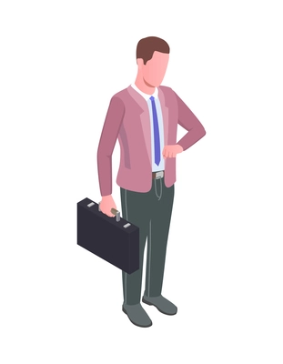 Isometric male human character of office manager with briefcase checking his watch 3d isometric vector illustration