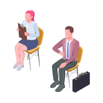 Recruiting icon with isometric characters of job candidates waiting in office 3d vector illustration