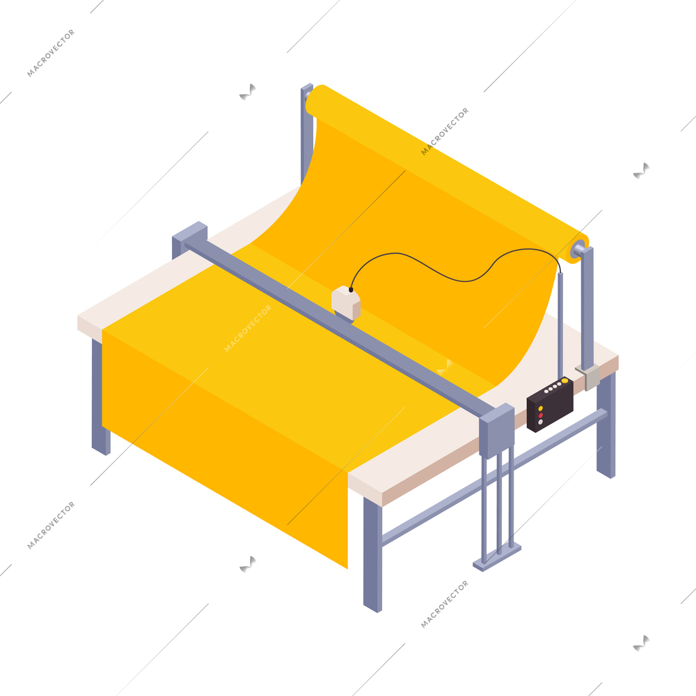 Isometric icon with sewing factory cutting equipment 3d vector illustration