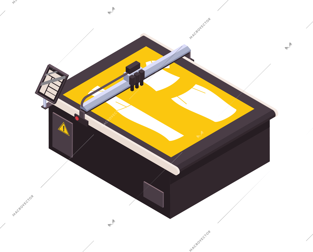 Sewing factory isometric icon with equipment for dress pattern 3d vector illustration