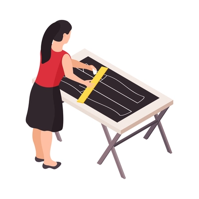 Sewing factory icon with woman working with dress patterns 3d isometric vector illustration