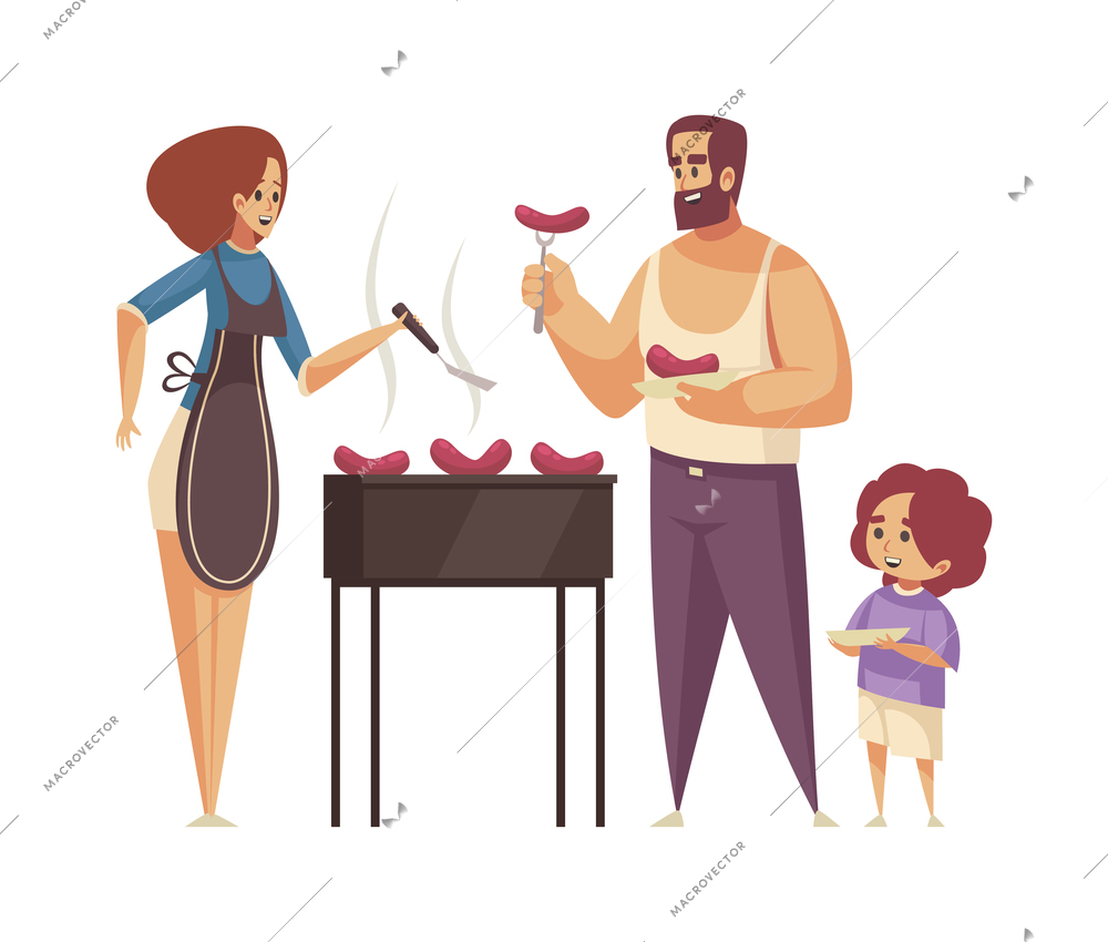 Happy family having bbq party grilling sausages flat vector illustration