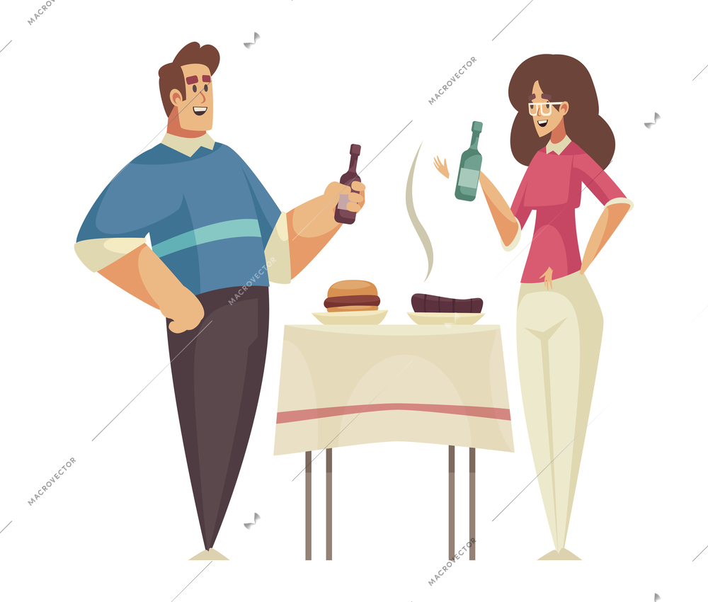 Happy man and woman eating grilled steak and burger drinking beer at bbq party flat vector illustration