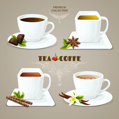 Tea and coffee elegant porcelain cups with saucers set premium collection vector illustration