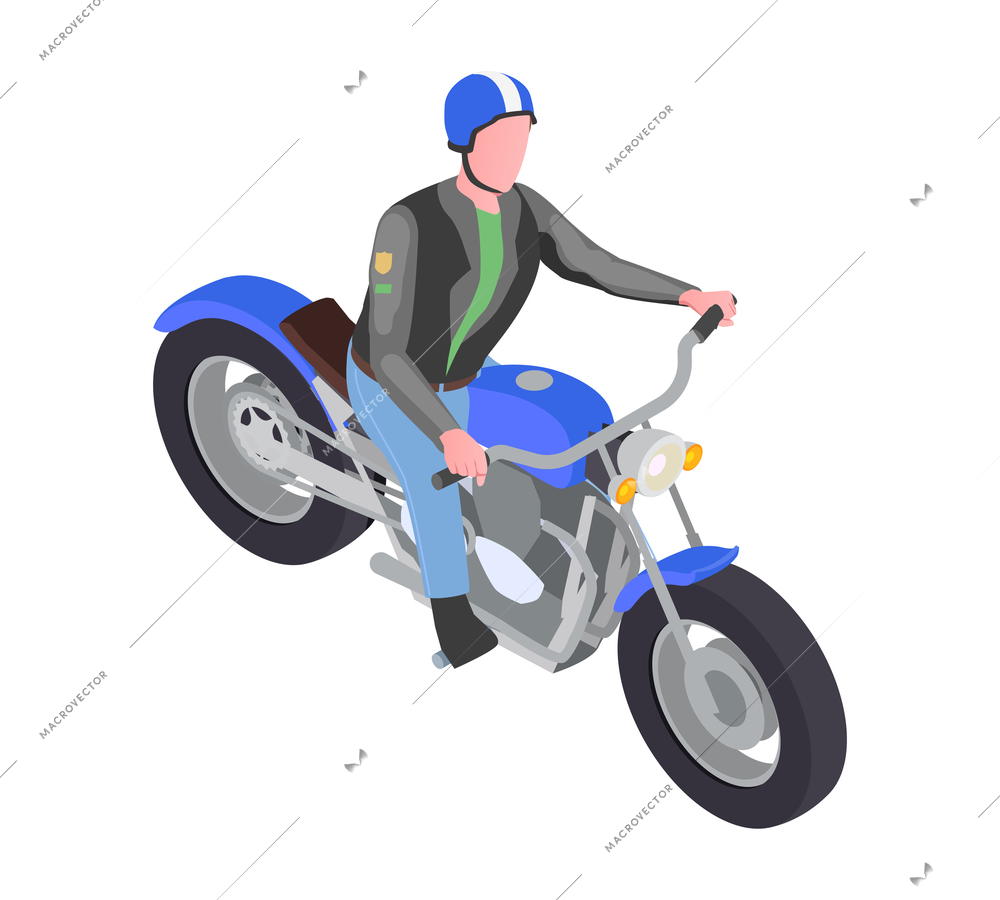 Male biker in leather jacket and helmet riding blue bike 3d isometric vector illustration