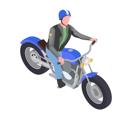 Male biker in leather jacket and helmet riding blue bike 3d isometric vector illustration