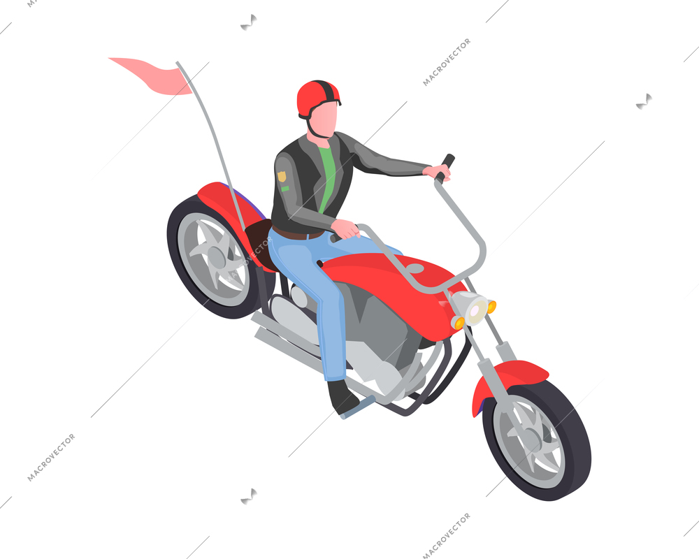 Isometric character of male biker riding red motorbike with flag vector illustration