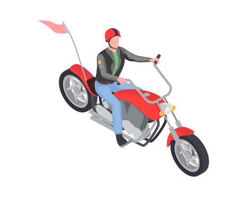 Isometric character of male biker riding red motorbike with flag vector illustration