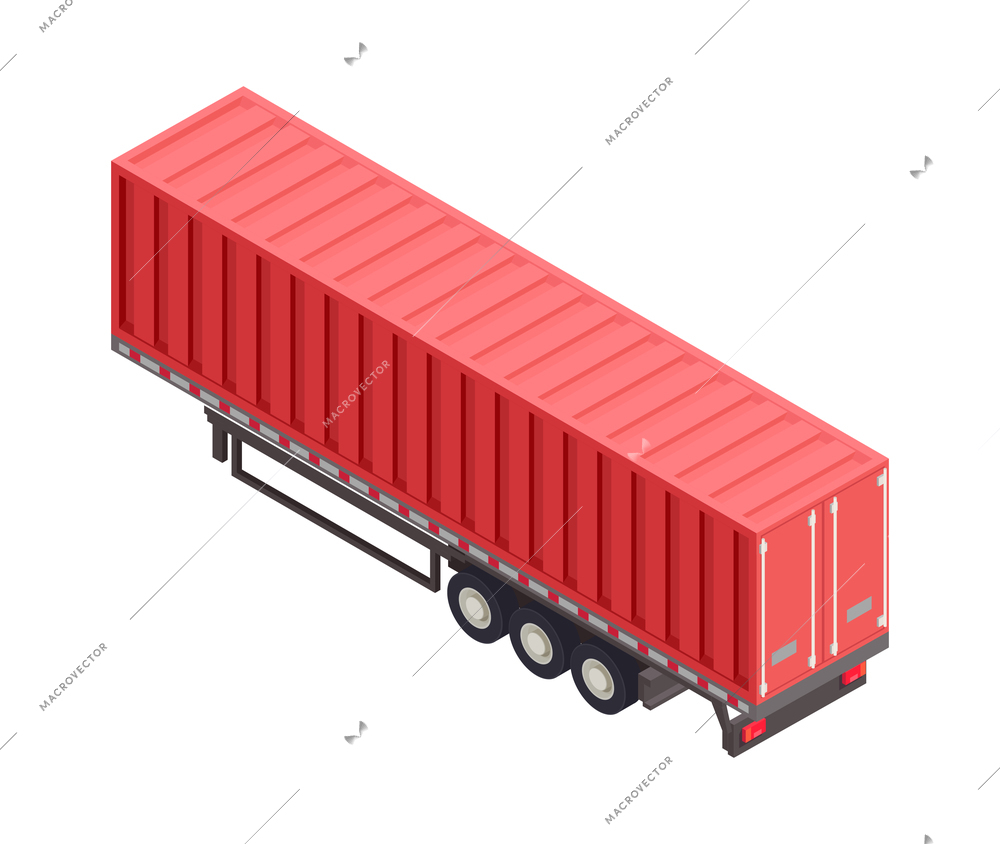 Isometric cargo trailer with red container on blank background 3d vector illustration