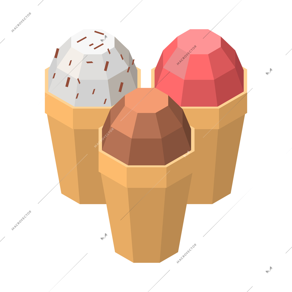 Three cups of strawberry chocolate vanilla with topping ice cream in waffle cups isometric icon 3d vector illustration