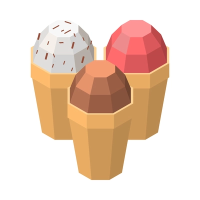 Three cups of strawberry chocolate vanilla with topping ice cream in waffle cups isometric icon 3d vector illustration